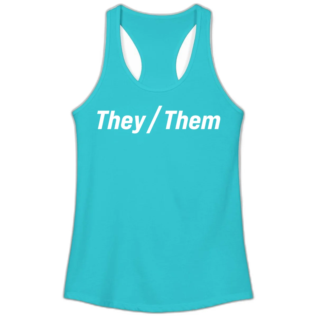 Bold white text reading 'They / Them' on gray background, a minimalist pronoun statement design in Solid Tahiti Blue