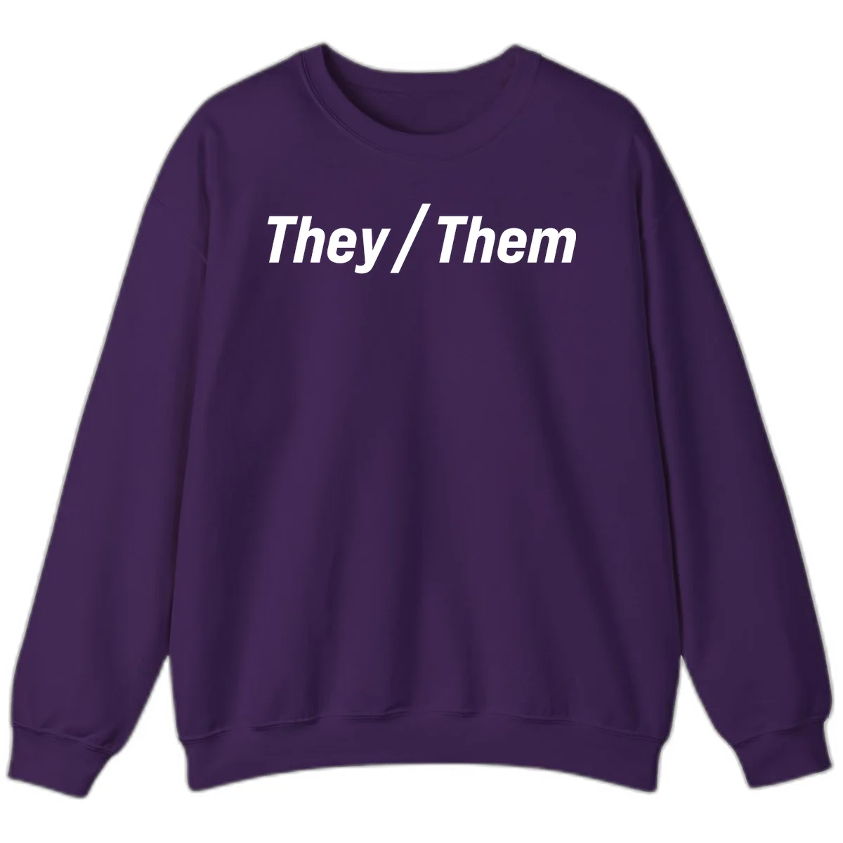 Bold white text reading 'They / Them' on gray background, a minimalist pronoun statement design in Purple