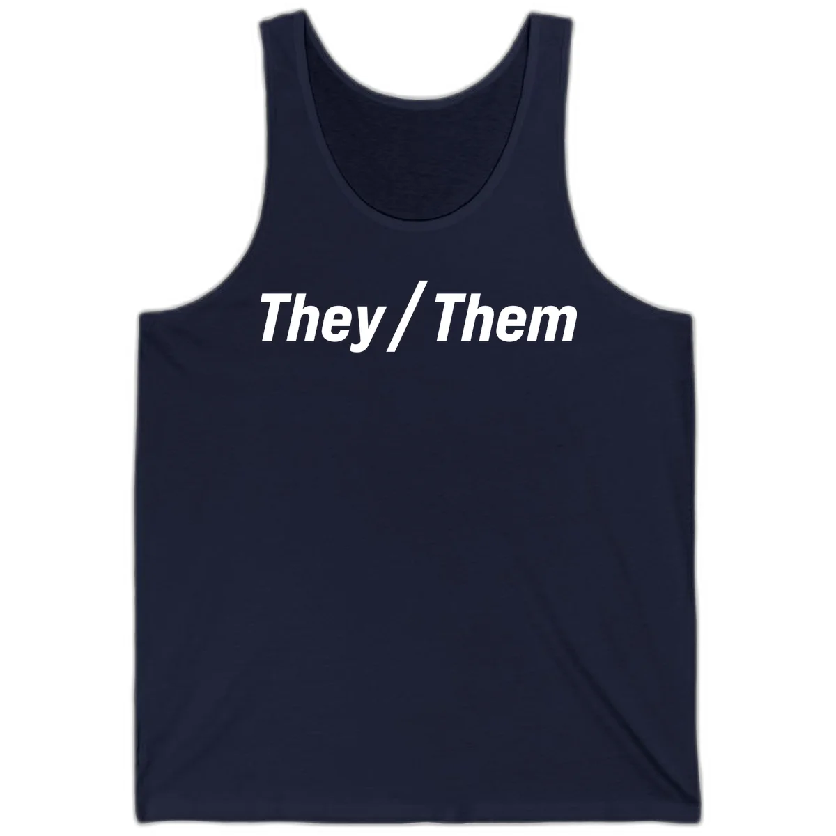 Bold white text reading 'They / Them' on gray background, a minimalist pronoun statement design in Navy