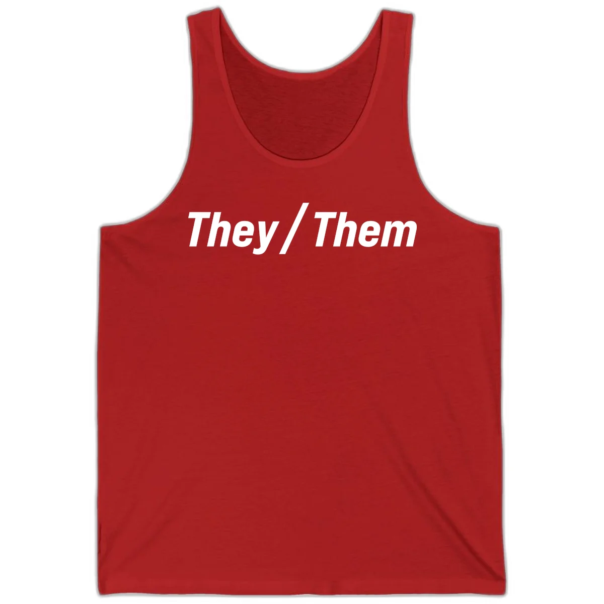 Bold white text reading 'They / Them' on gray background, a minimalist pronoun statement design in Red