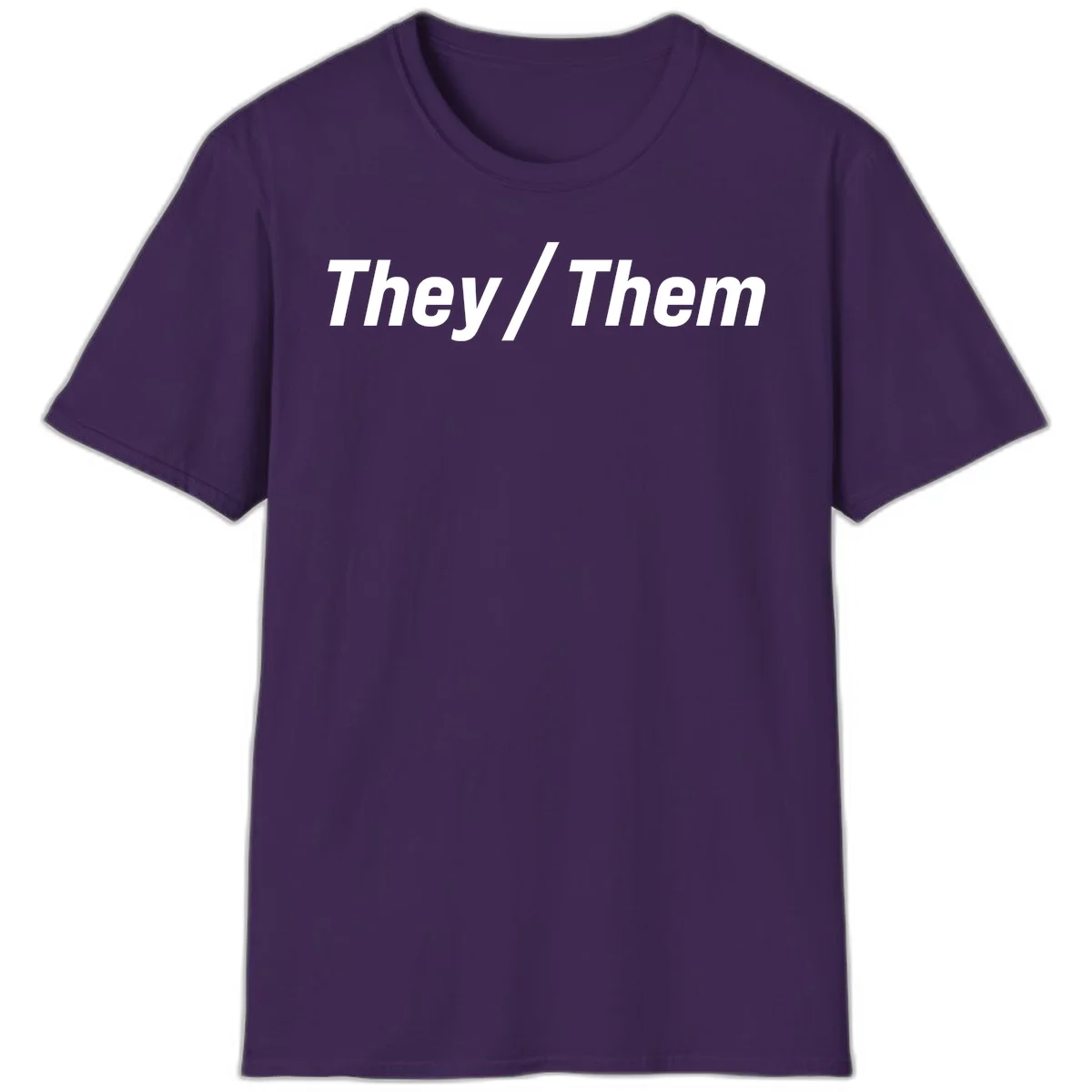 Bold white text reading 'They / Them' on gray background, a minimalist pronoun statement design in Purple