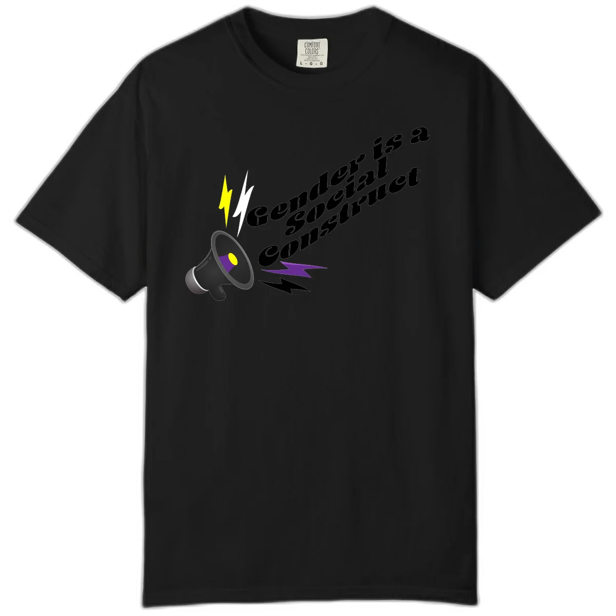 Megaphone with yellow and purple sound waves and lightning bolts next to text reading 'Comedian Special Announcement' in italicized black lettering on gray background in Black