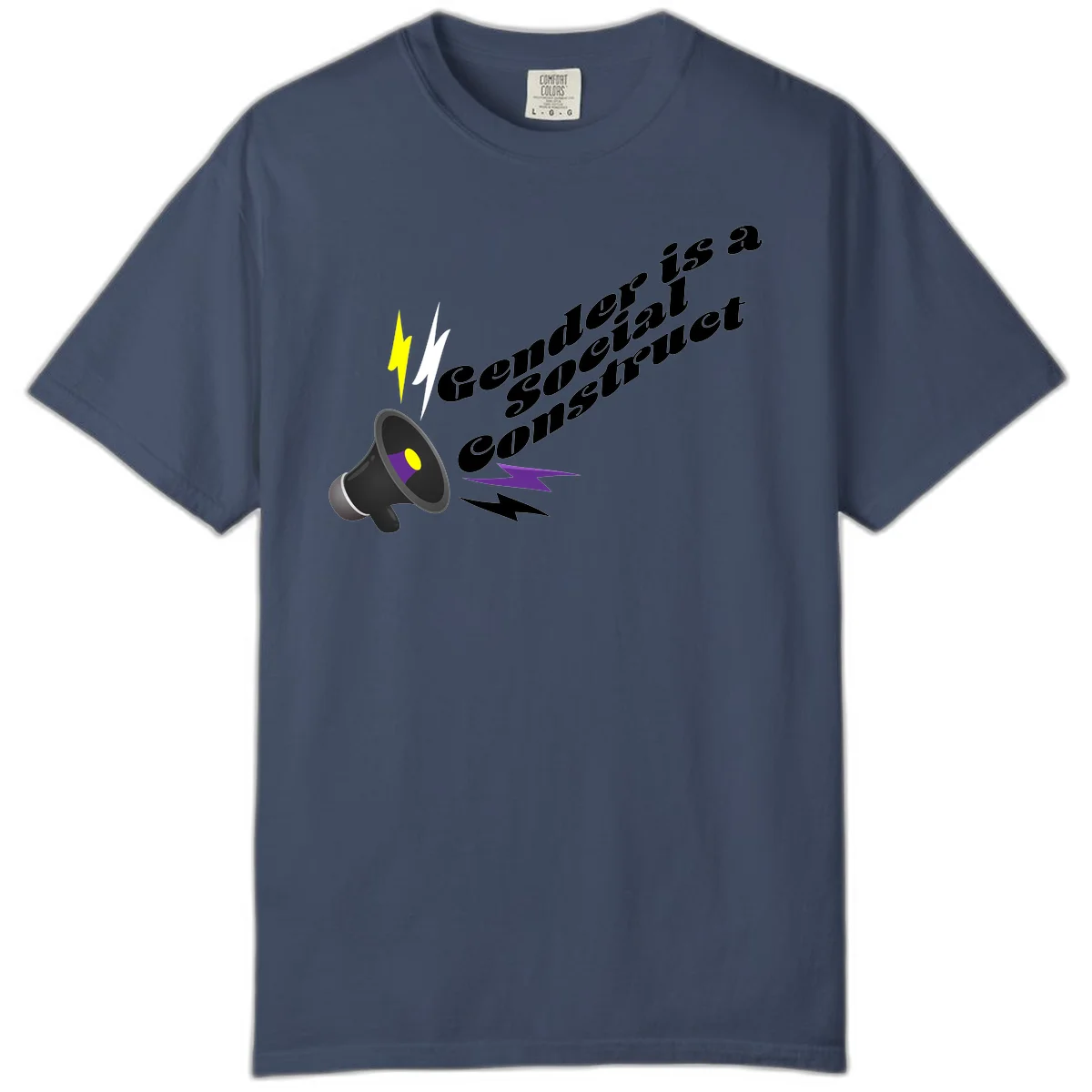 Megaphone with yellow and purple sound waves and lightning bolts next to text reading 'Comedian Special Announcement' in italicized black lettering on gray background in Midnight