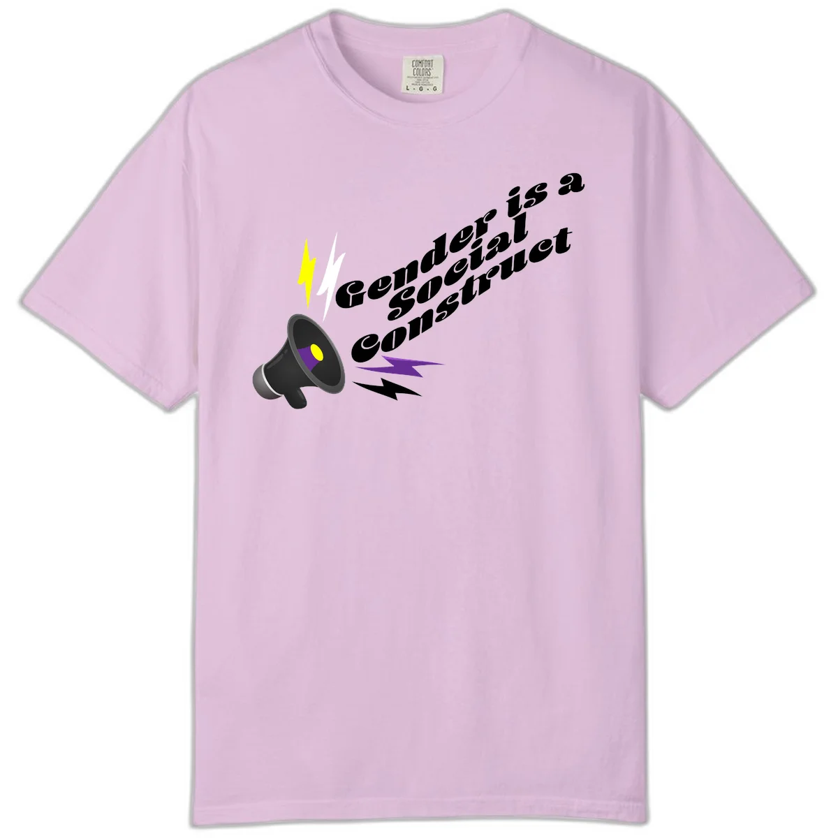 Megaphone with yellow and purple sound waves and lightning bolts next to text reading 'Comedian Special Announcement' in italicized black lettering on gray background in Orchid