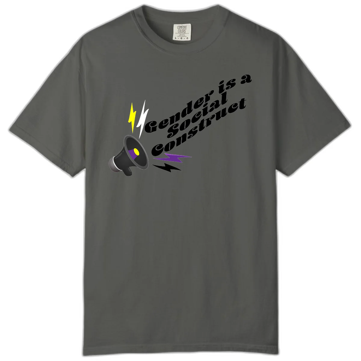 Megaphone with yellow and purple sound waves and lightning bolts next to text reading 'Comedian Special Announcement' in italicized black lettering on gray background in Pepper