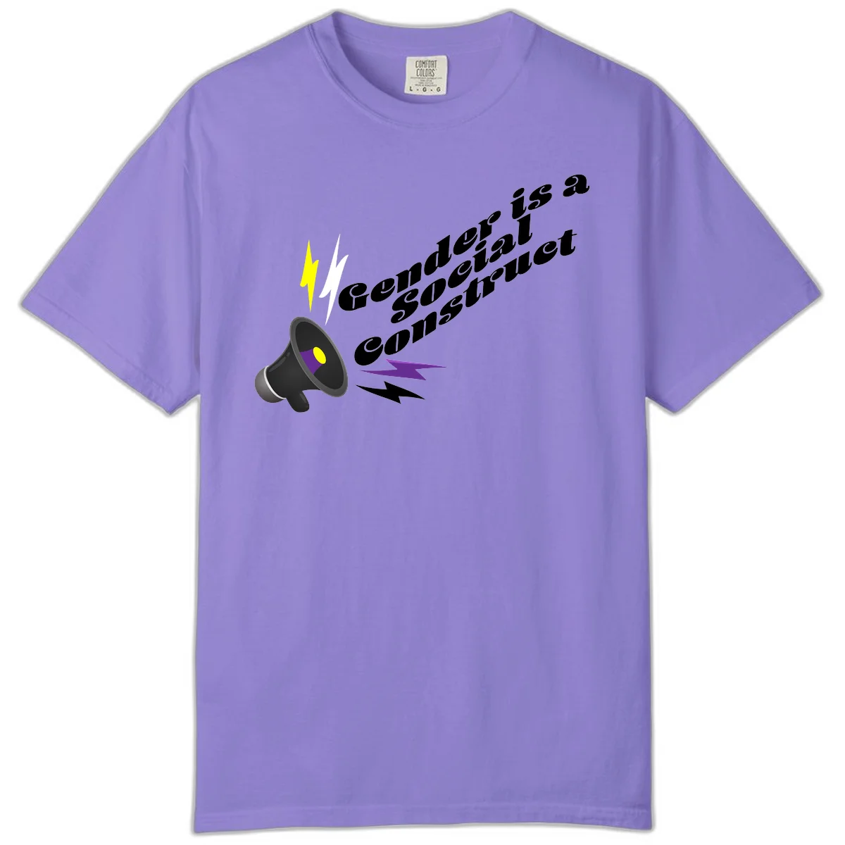 Megaphone with yellow and purple sound waves and lightning bolts next to text reading 'Comedian Special Announcement' in italicized black lettering on gray background in Violet