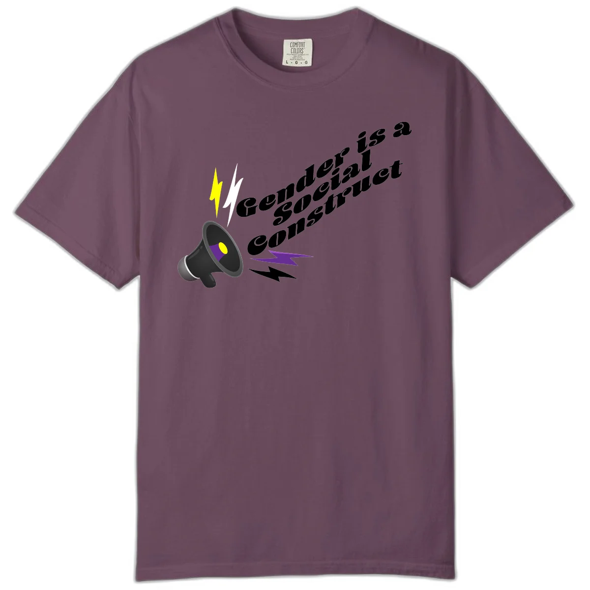 Megaphone with yellow and purple sound waves and lightning bolts next to text reading 'Comedian Special Announcement' in italicized black lettering on gray background in Berry