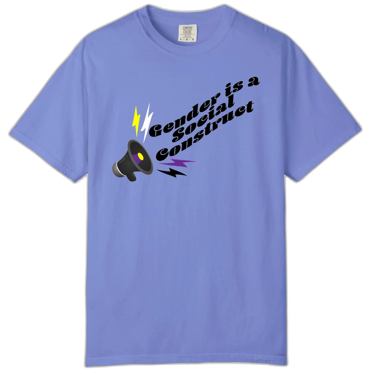 Megaphone with yellow and purple sound waves and lightning bolts next to text reading 'Comedian Special Announcement' in italicized black lettering on gray background in Flo Blue