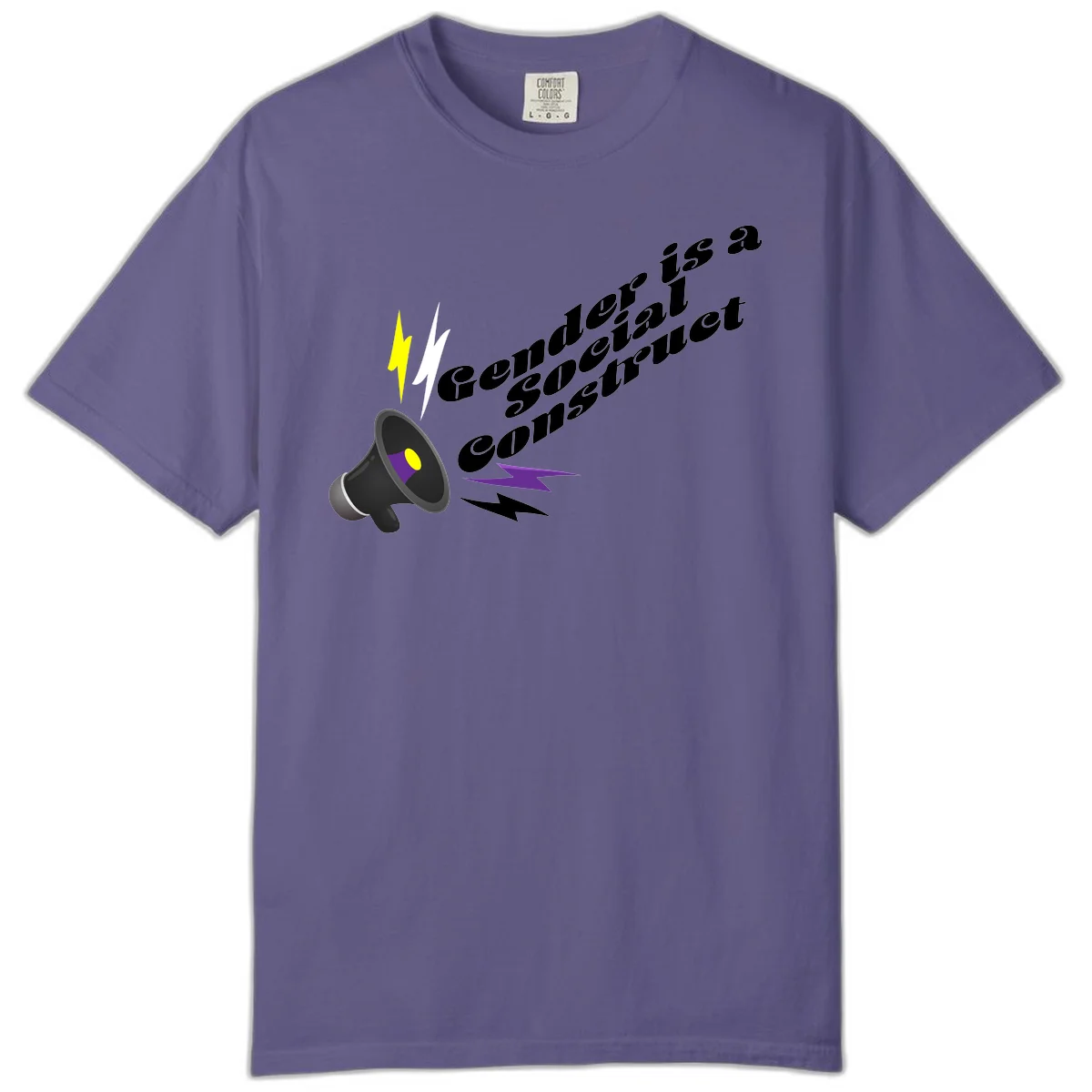 Megaphone with yellow and purple sound waves and lightning bolts next to text reading 'Comedian Special Announcement' in italicized black lettering on gray background in Grape