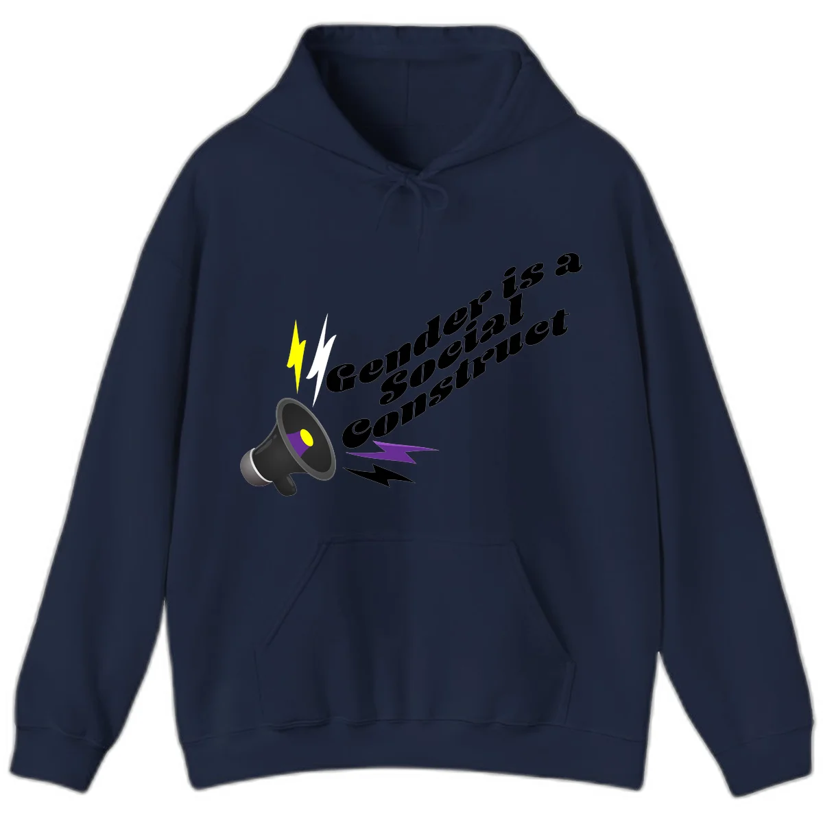 Megaphone with yellow and purple sound waves and lightning bolts next to text reading 'Comedian Special Announcement' in italicized black lettering on gray background in Navy