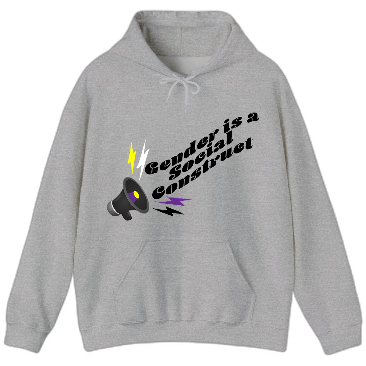 Megaphone with yellow and purple sound waves and lightning bolts next to text reading 'Comedian Special Announcement' in italicized black lettering on gray background in Sport Grey