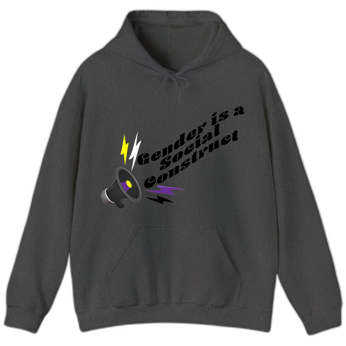 Megaphone with yellow and purple sound waves and lightning bolts next to text reading 'Comedian Special Announcement' in italicized black lettering on gray background in Dark Heather