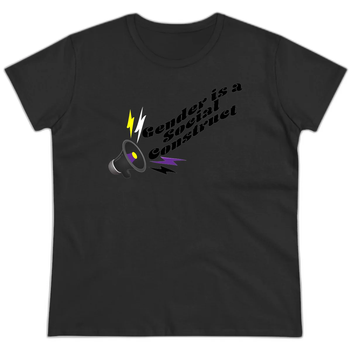 Megaphone with yellow and purple sound waves and lightning bolts next to text reading 'Comedian Special Announcement' in italicized black lettering on gray background in Black