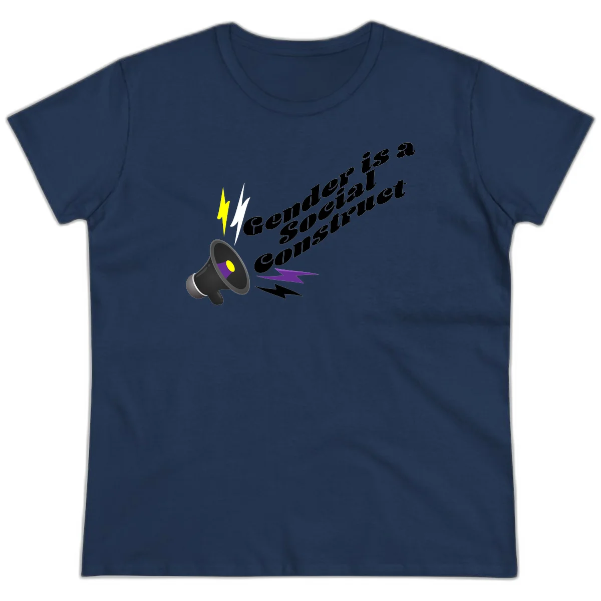 Megaphone with yellow and purple sound waves and lightning bolts next to text reading 'Comedian Special Announcement' in italicized black lettering on gray background in Navy