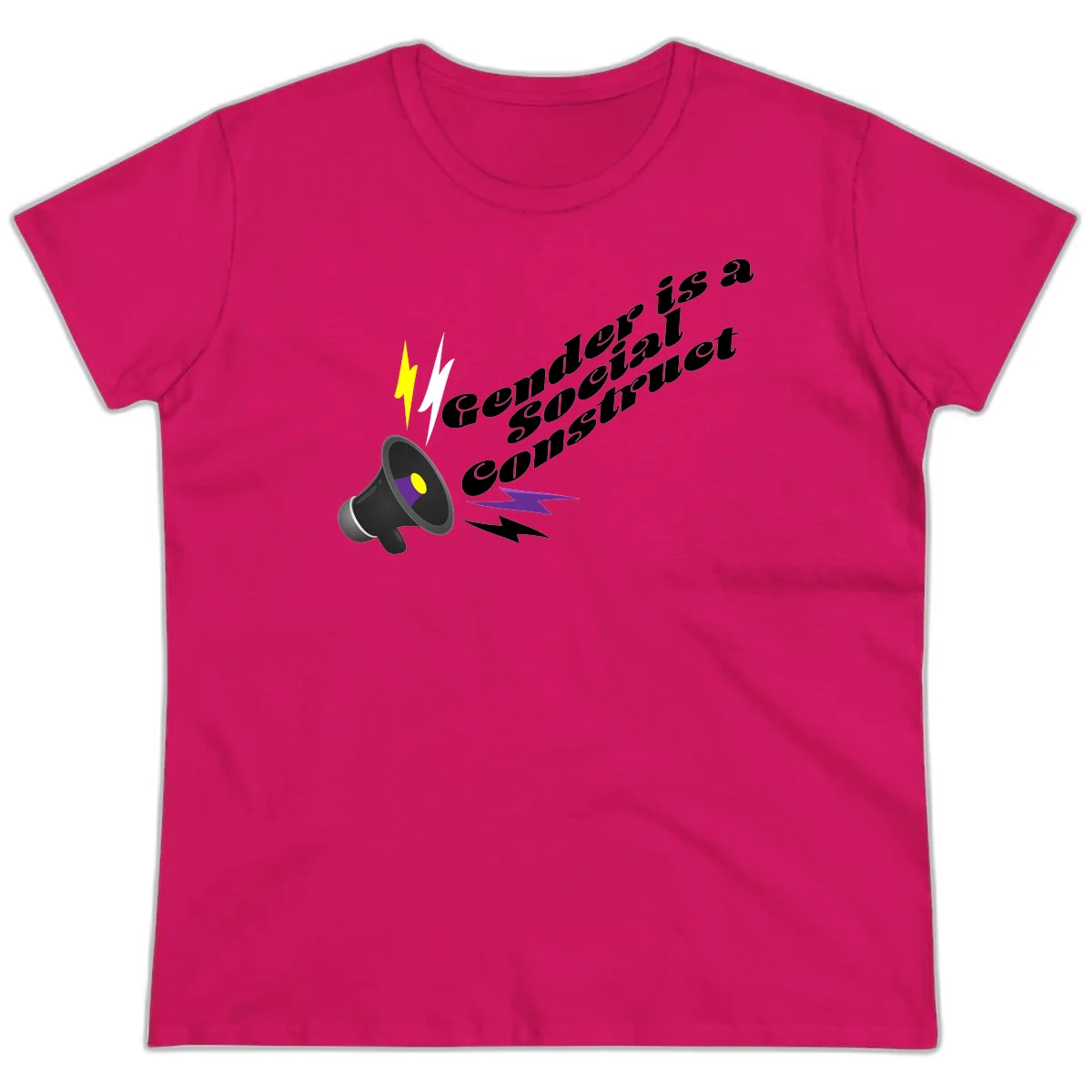 Megaphone with yellow and purple sound waves and lightning bolts next to text reading 'Comedian Special Announcement' in italicized black lettering on gray background in Heliconia