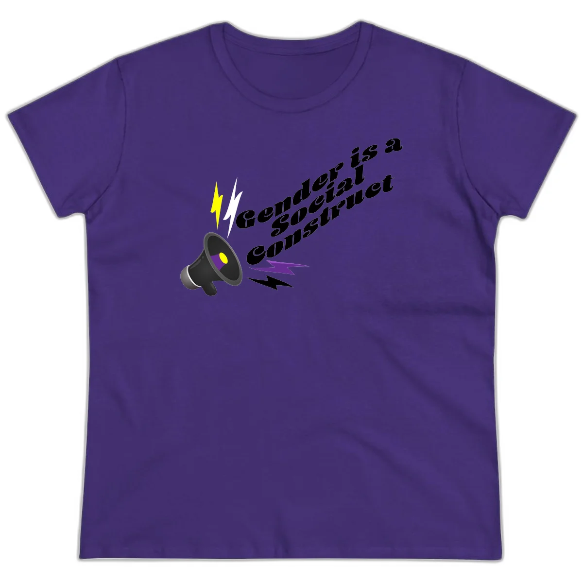 Megaphone with yellow and purple sound waves and lightning bolts next to text reading 'Comedian Special Announcement' in italicized black lettering on gray background in Purple