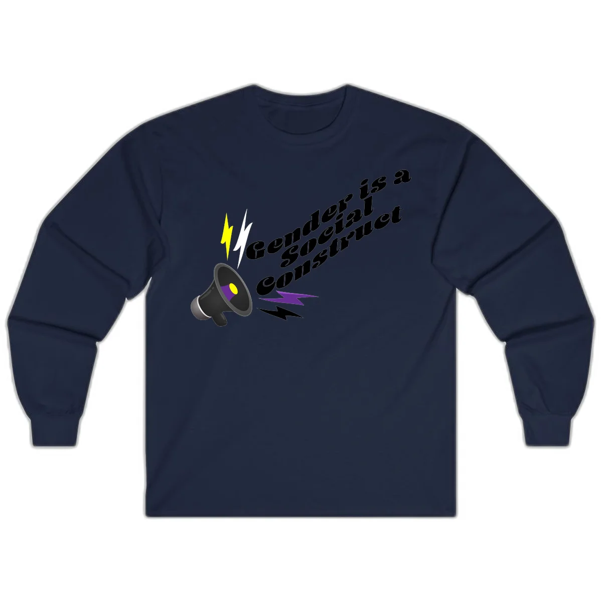 Megaphone with yellow and purple sound waves and lightning bolts next to text reading 'Comedian Special Announcement' in italicized black lettering on gray background in Navy