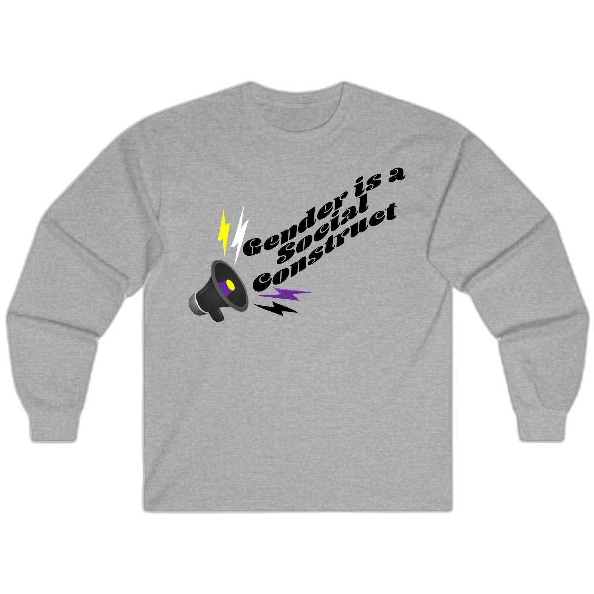 Megaphone with yellow and purple sound waves and lightning bolts next to text reading 'Comedian Special Announcement' in italicized black lettering on gray background in Sport Grey