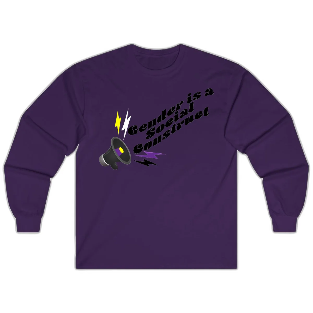 Megaphone with yellow and purple sound waves and lightning bolts next to text reading 'Comedian Special Announcement' in italicized black lettering on gray background in Purple