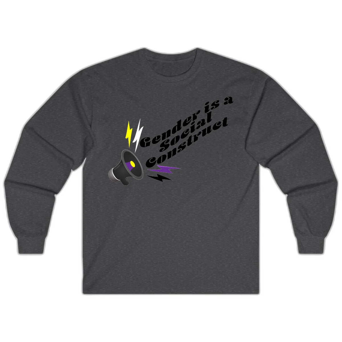 Megaphone with yellow and purple sound waves and lightning bolts next to text reading 'Comedian Special Announcement' in italicized black lettering on gray background in Dark Heather