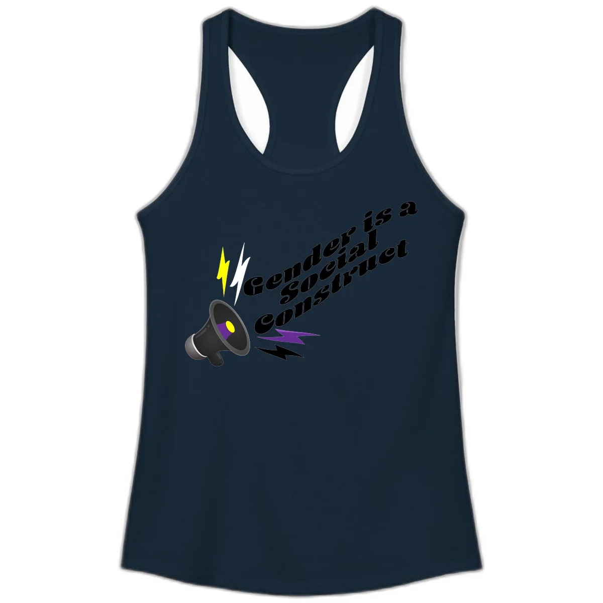 Megaphone with yellow and purple sound waves and lightning bolts next to text reading 'Comedian Special Announcement' in italicized black lettering on gray background in Solid Midnight Navy