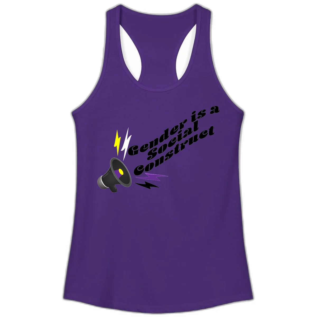 Megaphone with yellow and purple sound waves and lightning bolts next to text reading 'Comedian Special Announcement' in italicized black lettering on gray background in Solid Purple Rush
