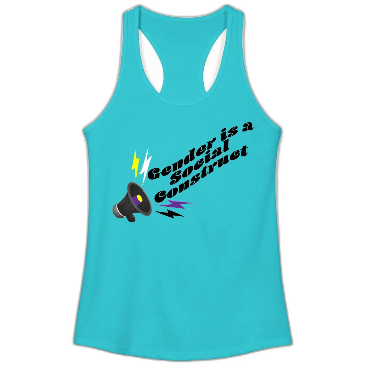 Megaphone with yellow and purple sound waves and lightning bolts next to text reading 'Comedian Special Announcement' in italicized black lettering on gray background in Solid Tahiti Blue