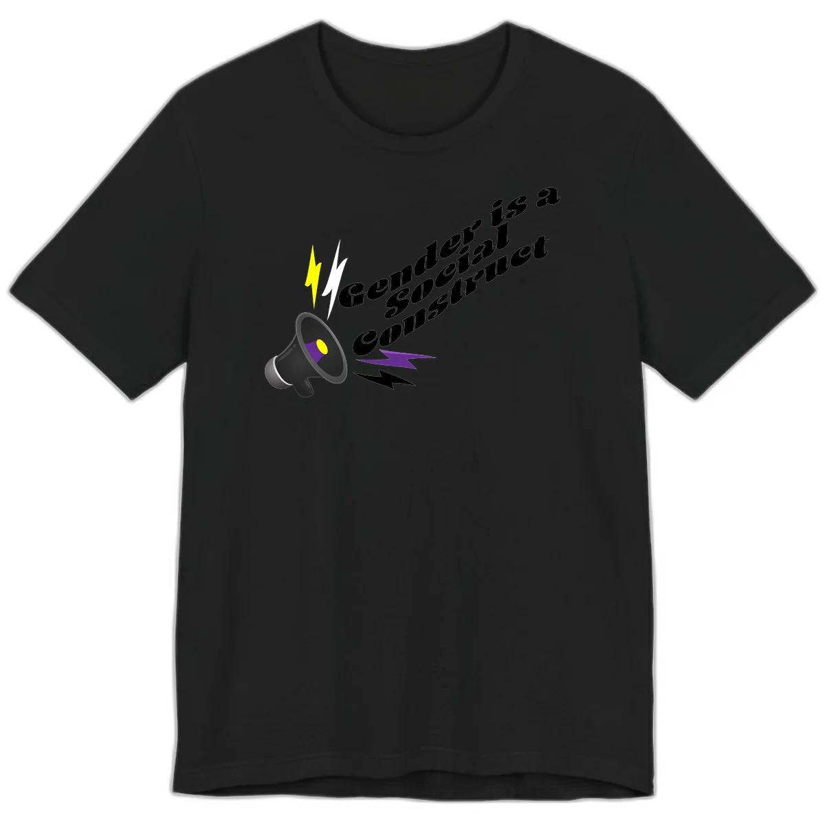 Megaphone with yellow and purple sound waves and lightning bolts next to text reading 'Comedian Special Announcement' in italicized black lettering on gray background in Black