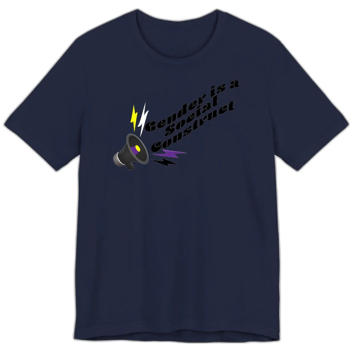 Megaphone with yellow and purple sound waves and lightning bolts next to text reading 'Comedian Special Announcement' in italicized black lettering on gray background in Navy