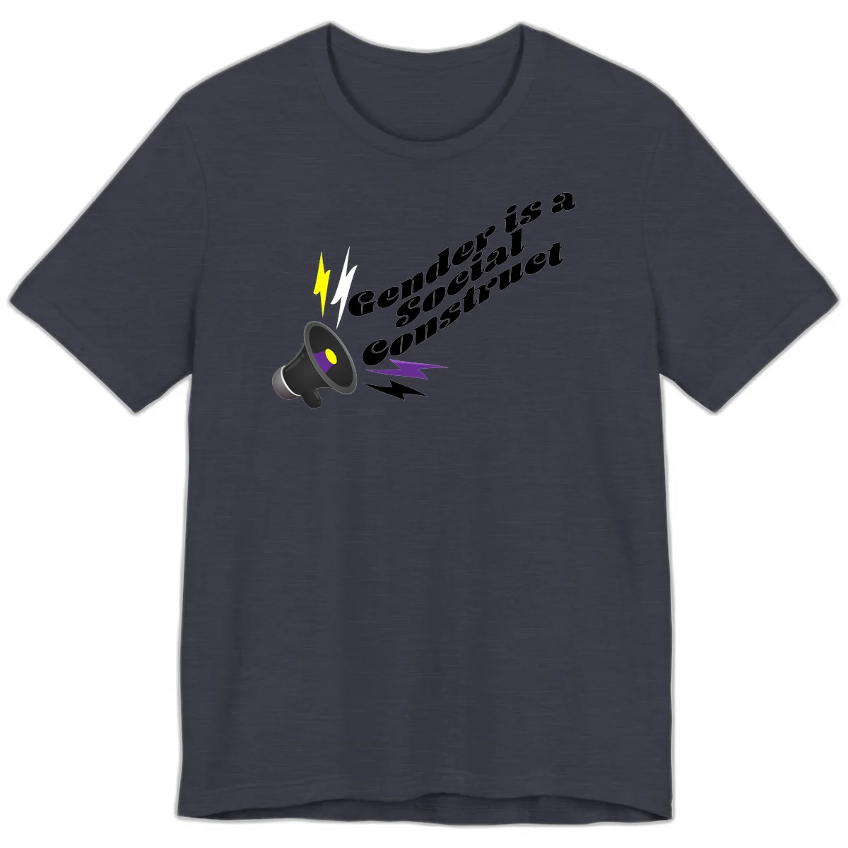 Megaphone with yellow and purple sound waves and lightning bolts next to text reading 'Comedian Special Announcement' in italicized black lettering on gray background in Heather Midnight Navy