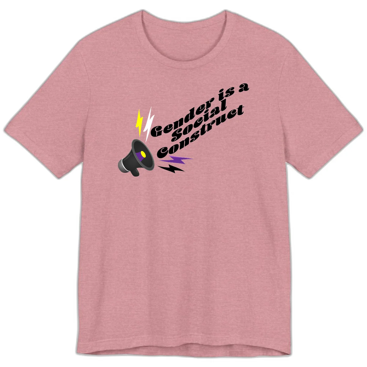Megaphone with yellow and purple sound waves and lightning bolts next to text reading 'Comedian Special Announcement' in italicized black lettering on gray background in Heather Orchid