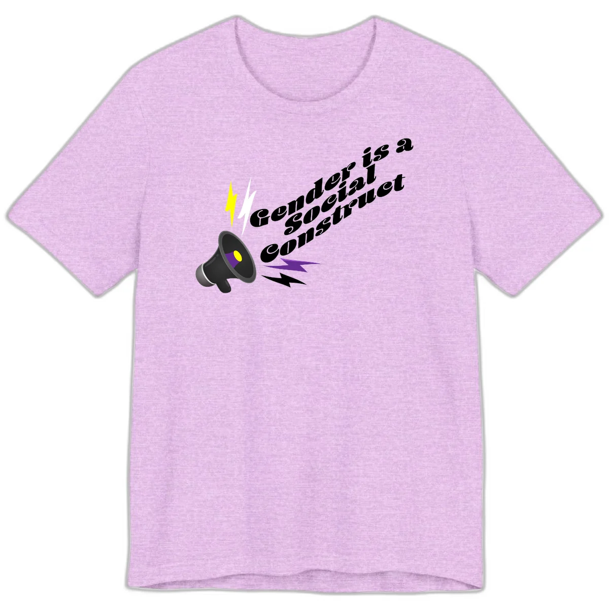 Megaphone with yellow and purple sound waves and lightning bolts next to text reading 'Comedian Special Announcement' in italicized black lettering on gray background in Heather Prism Lilac