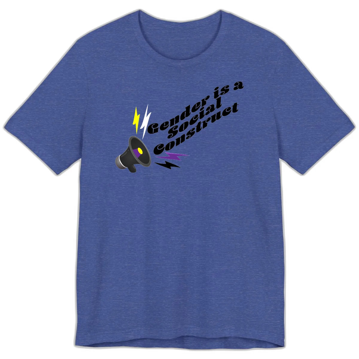 Megaphone with yellow and purple sound waves and lightning bolts next to text reading 'Comedian Special Announcement' in italicized black lettering on gray background in Heather True Royal