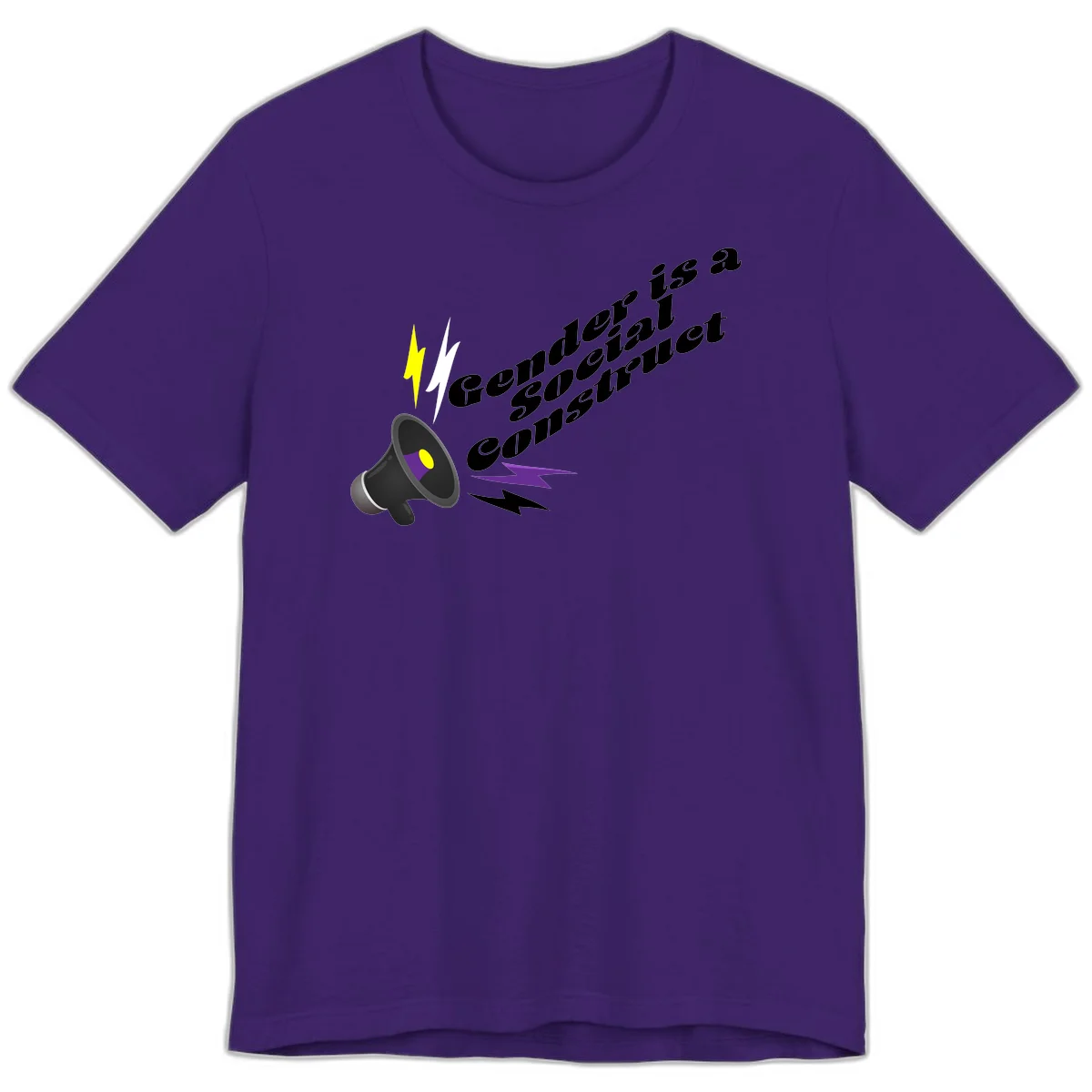 Megaphone with yellow and purple sound waves and lightning bolts next to text reading 'Comedian Special Announcement' in italicized black lettering on gray background in Team Purple