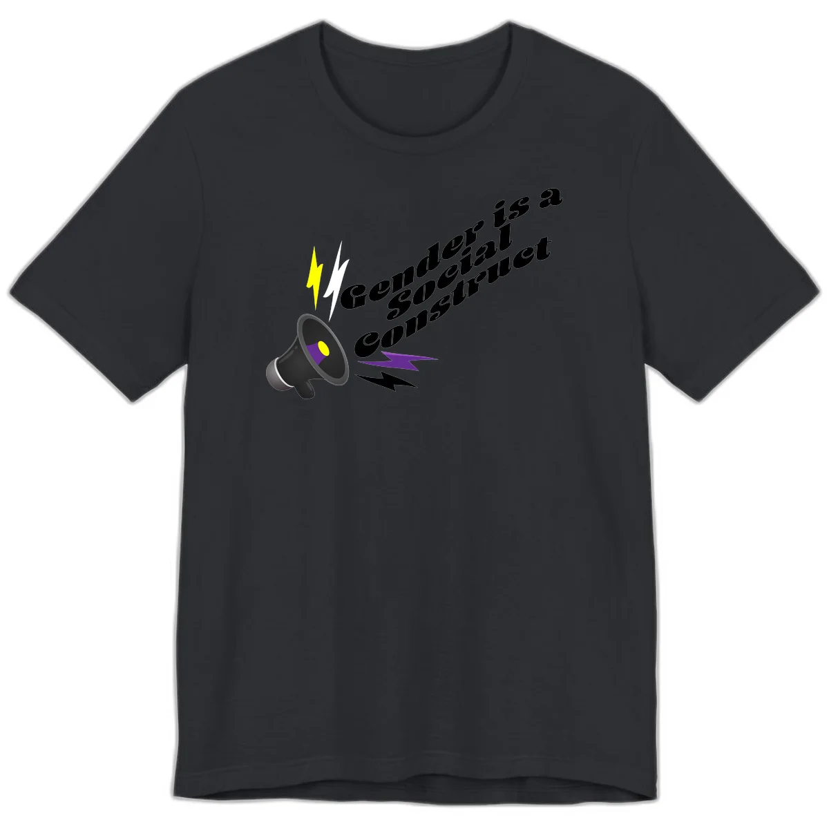 Megaphone with yellow and purple sound waves and lightning bolts next to text reading 'Comedian Special Announcement' in italicized black lettering on gray background in Vintage Black
