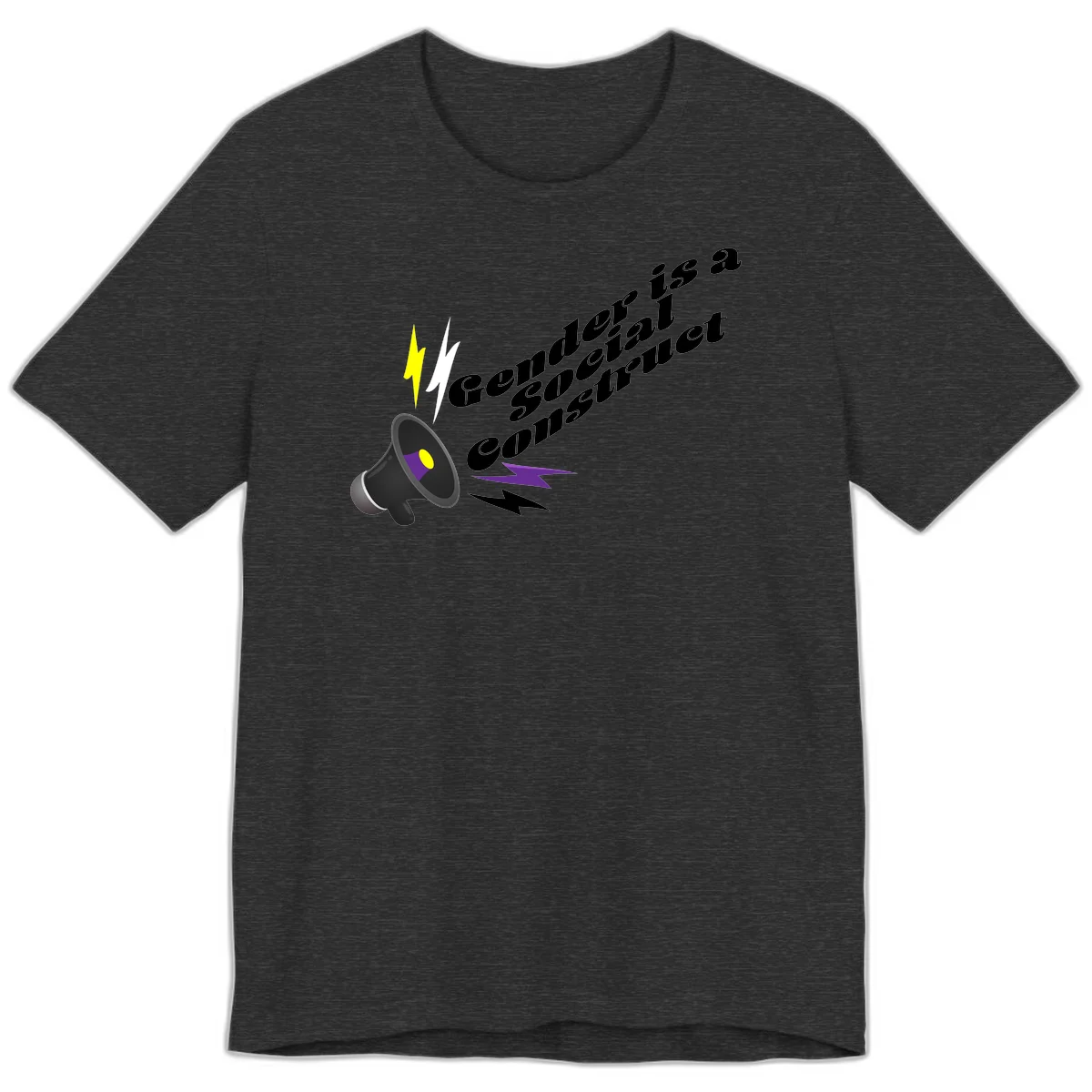Megaphone with yellow and purple sound waves and lightning bolts next to text reading 'Comedian Special Announcement' in italicized black lettering on gray background in Dark Grey Heather