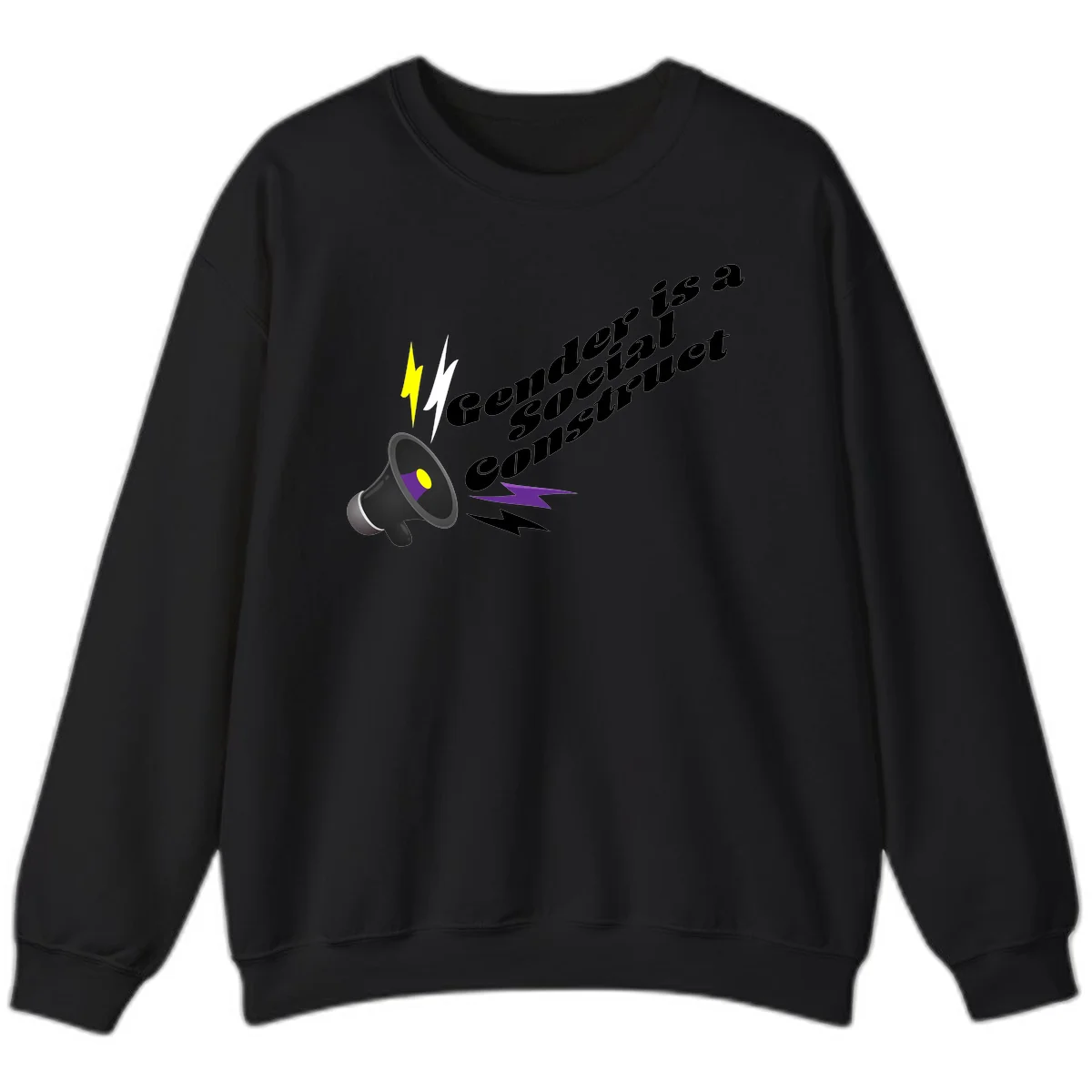 Megaphone with yellow and purple sound waves and lightning bolts next to text reading 'Comedian Special Announcement' in italicized black lettering on gray background in Black