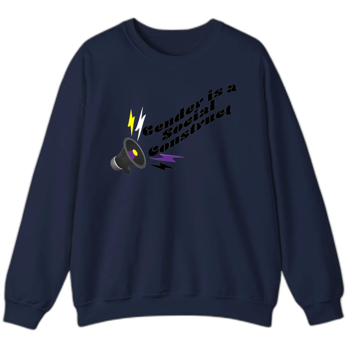 Megaphone with yellow and purple sound waves and lightning bolts next to text reading 'Comedian Special Announcement' in italicized black lettering on gray background in Navy