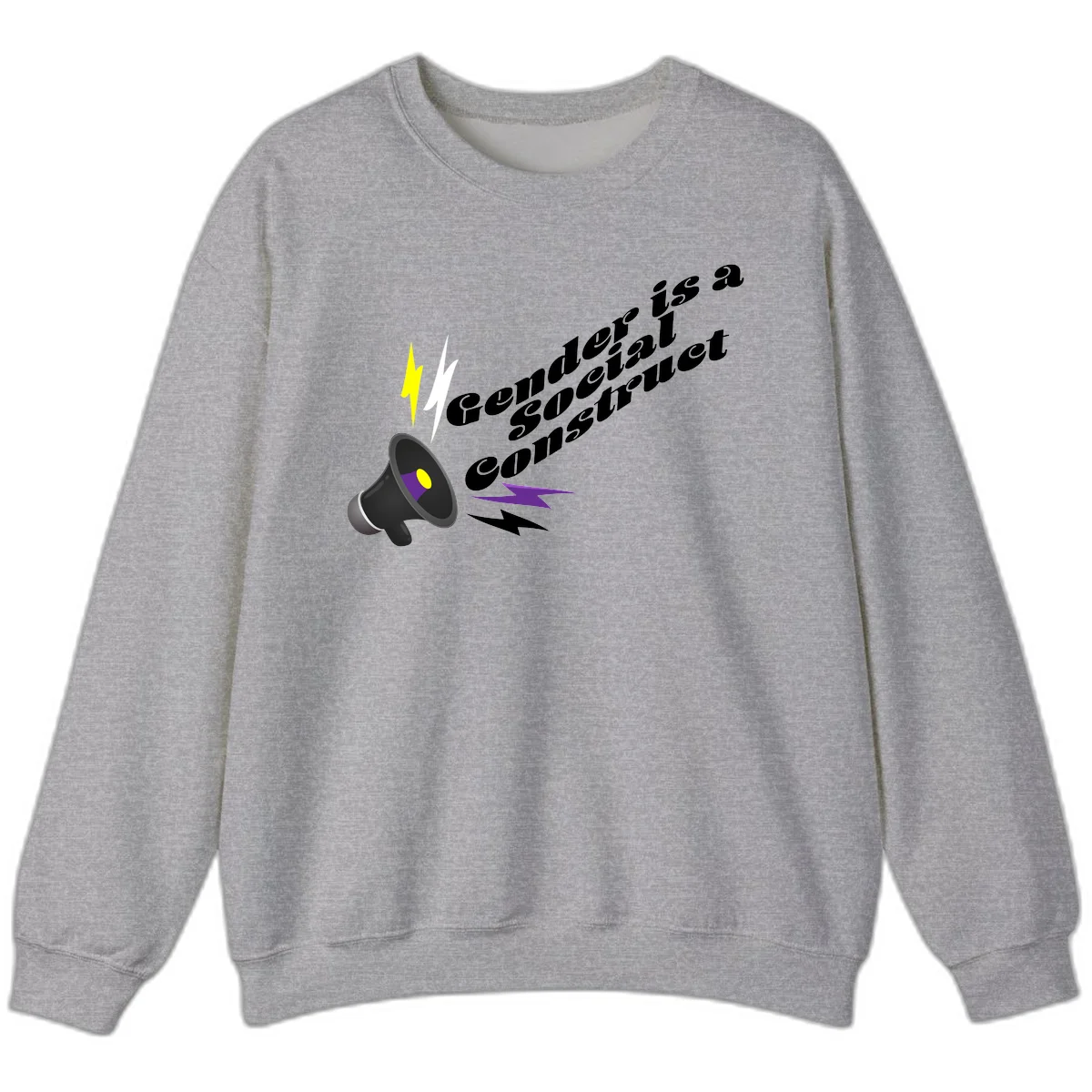 Megaphone with yellow and purple sound waves and lightning bolts next to text reading 'Comedian Special Announcement' in italicized black lettering on gray background in Sport Grey