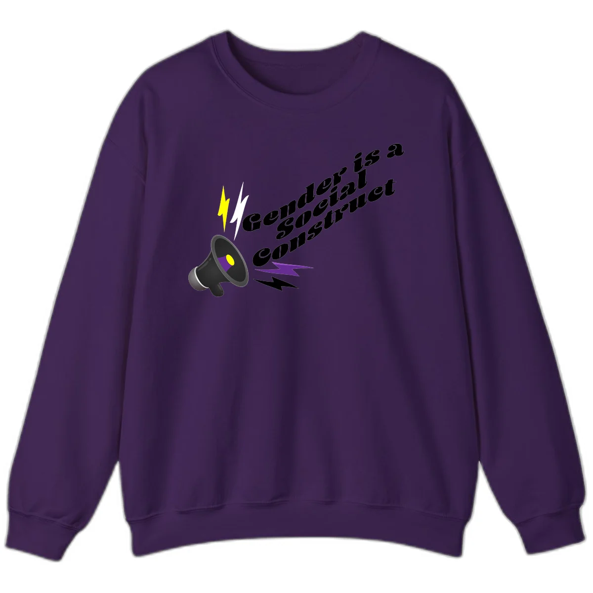 Megaphone with yellow and purple sound waves and lightning bolts next to text reading 'Comedian Special Announcement' in italicized black lettering on gray background in Purple