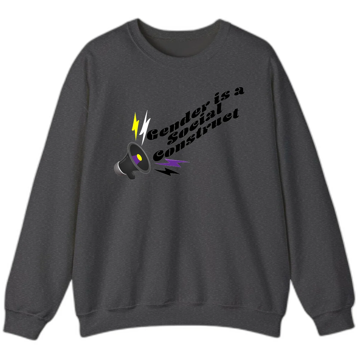 Megaphone with yellow and purple sound waves and lightning bolts next to text reading 'Comedian Special Announcement' in italicized black lettering on gray background in Dark Heather