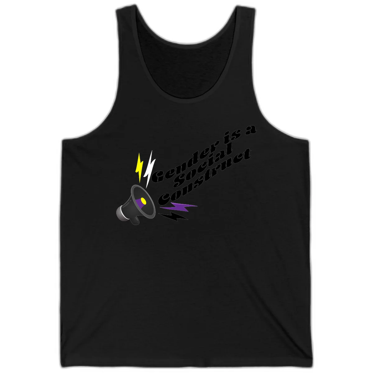 Megaphone with yellow and purple sound waves and lightning bolts next to text reading 'Comedian Special Announcement' in italicized black lettering on gray background in Black