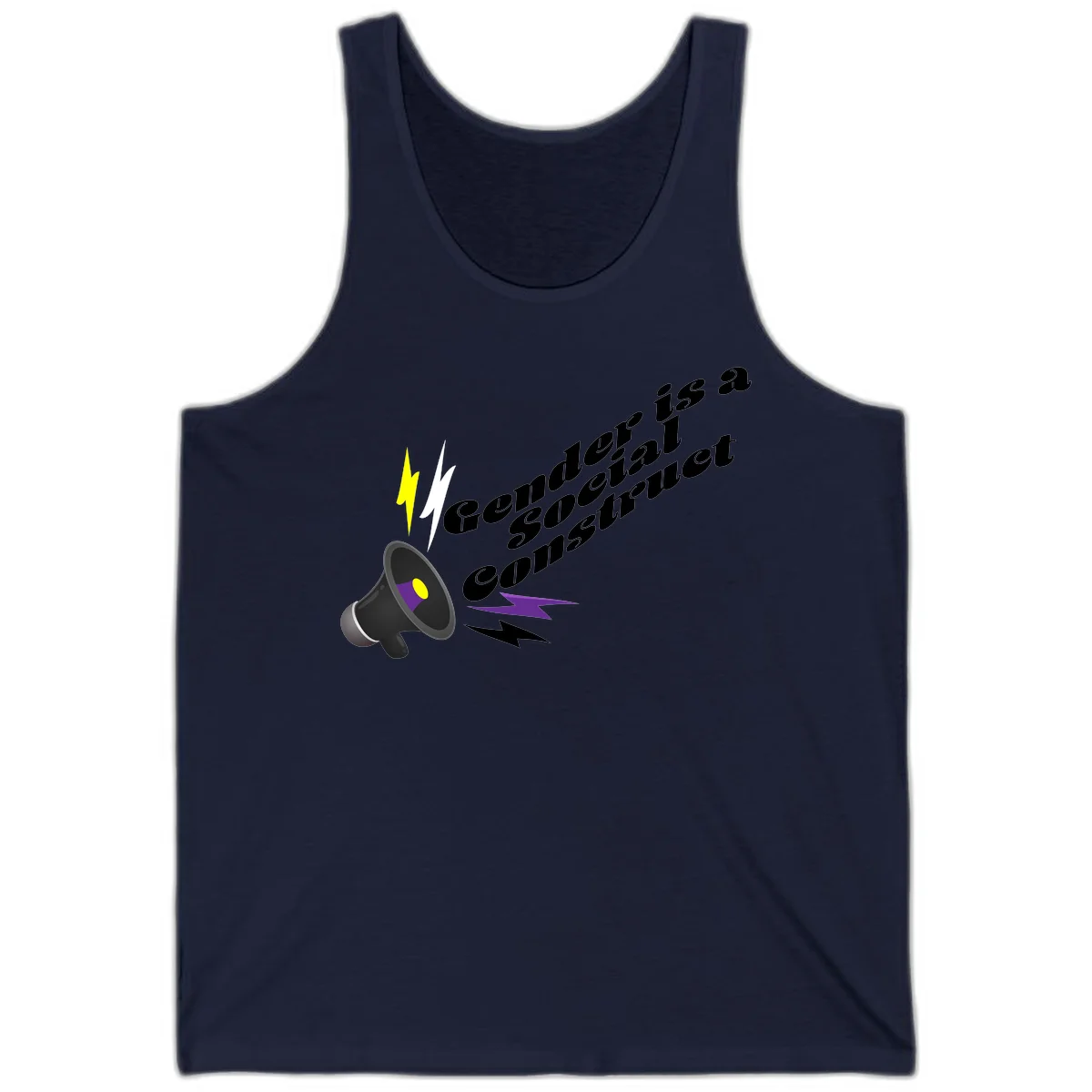 Megaphone with yellow and purple sound waves and lightning bolts next to text reading 'Comedian Special Announcement' in italicized black lettering on gray background in Navy