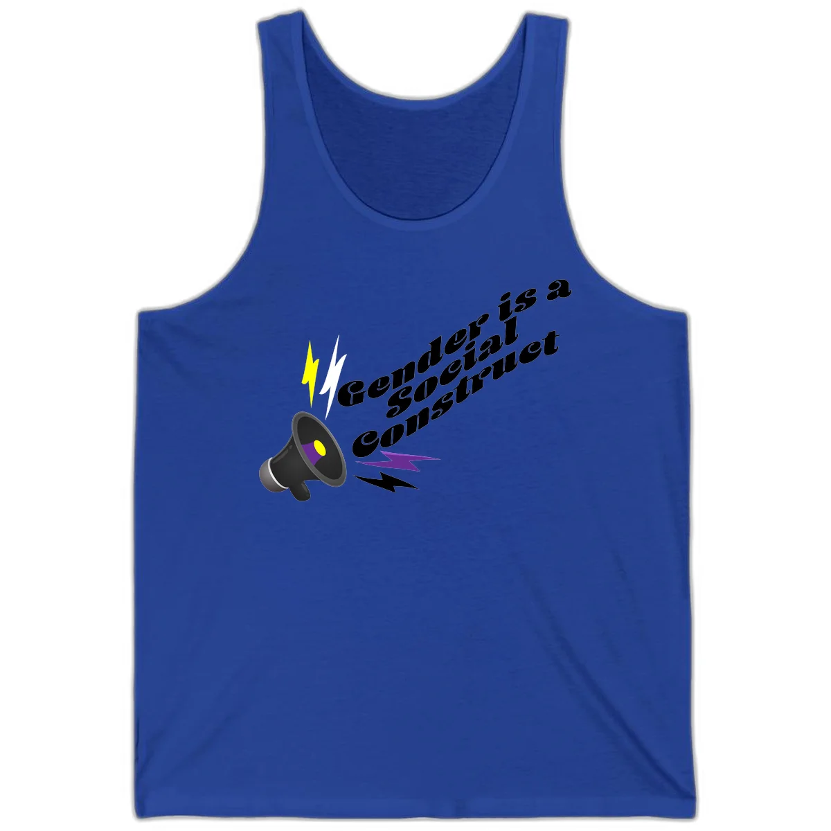 Megaphone with yellow and purple sound waves and lightning bolts next to text reading 'Comedian Special Announcement' in italicized black lettering on gray background in True Royal