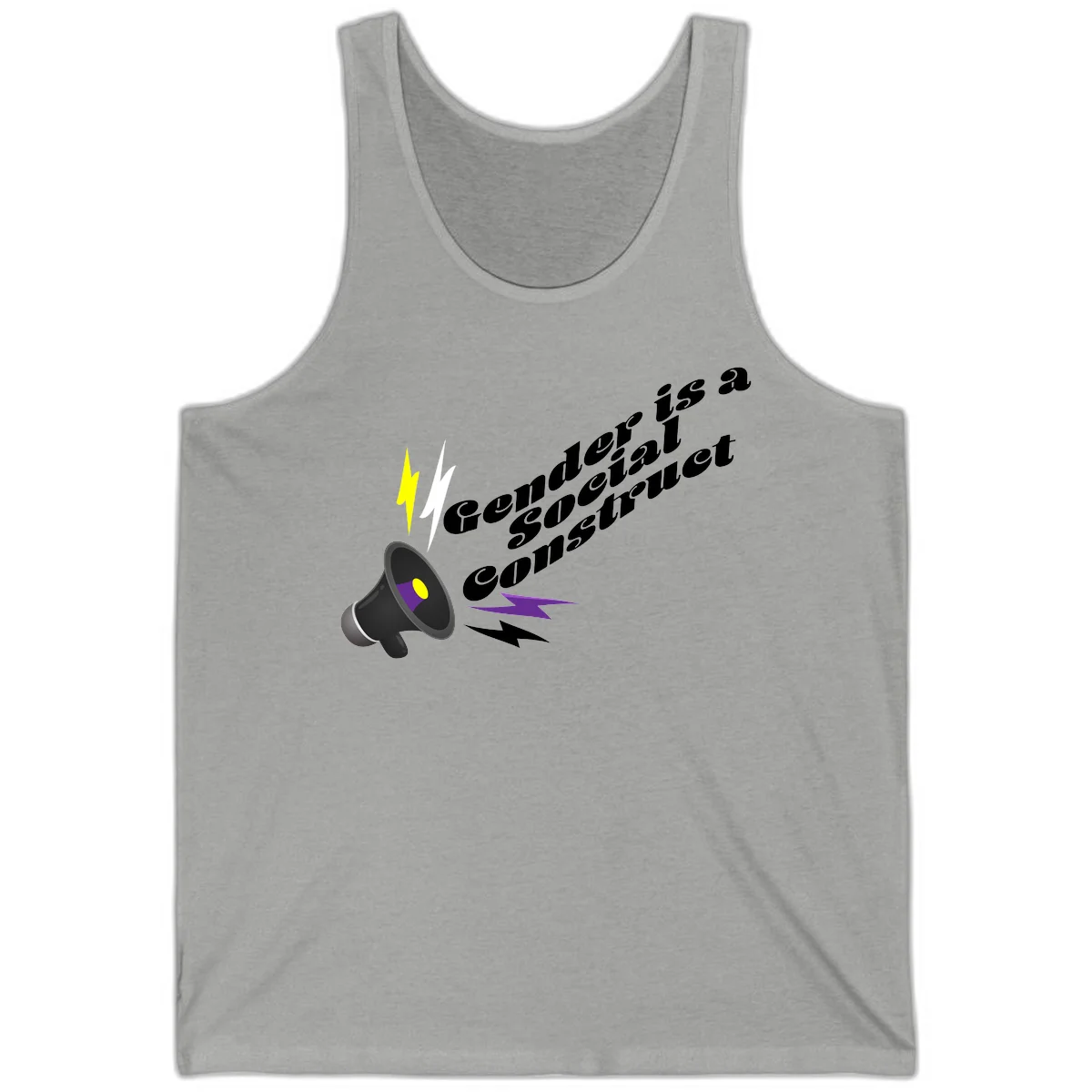 Megaphone with yellow and purple sound waves and lightning bolts next to text reading 'Comedian Special Announcement' in italicized black lettering on gray background in Athletic Heather