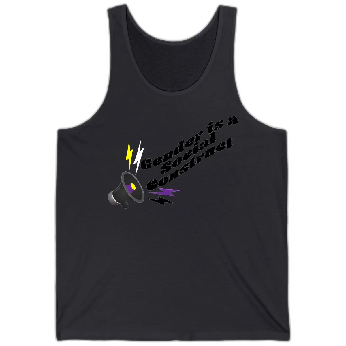Megaphone with yellow and purple sound waves and lightning bolts next to text reading 'Comedian Special Announcement' in italicized black lettering on gray background in Dark Grey