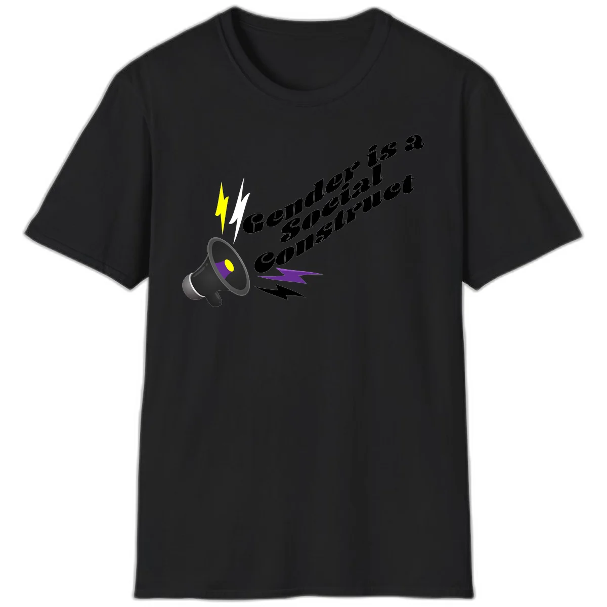 Megaphone with yellow and purple sound waves and lightning bolts next to text reading 'Comedian Special Announcement' in italicized black lettering on gray background in Black