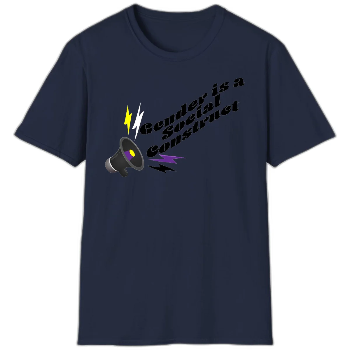 Megaphone with yellow and purple sound waves and lightning bolts next to text reading 'Comedian Special Announcement' in italicized black lettering on gray background in Navy