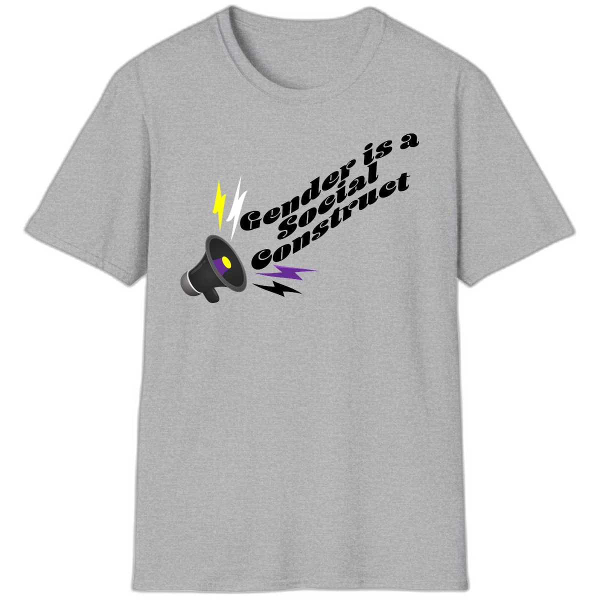 Megaphone with yellow and purple sound waves and lightning bolts next to text reading 'Comedian Special Announcement' in italicized black lettering on gray background in Sport Grey