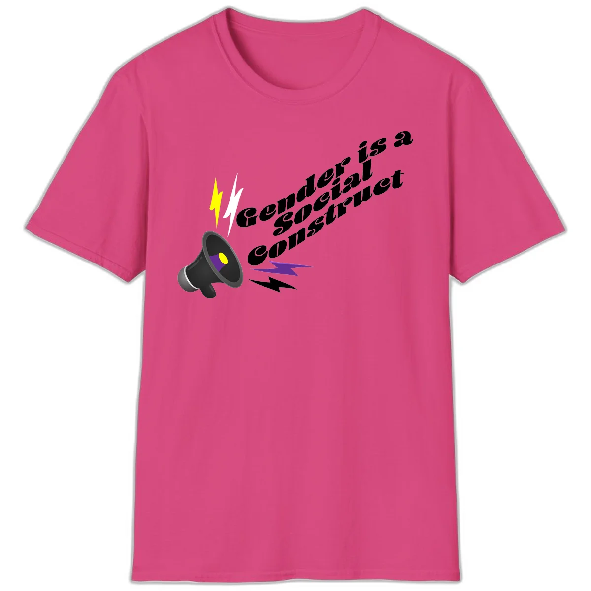 Megaphone with yellow and purple sound waves and lightning bolts next to text reading 'Comedian Special Announcement' in italicized black lettering on gray background in Heliconia